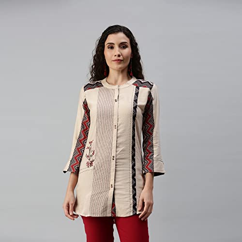 Image of SheWill Cotton Blend Stripe Print Embroidered A-Line Tunic