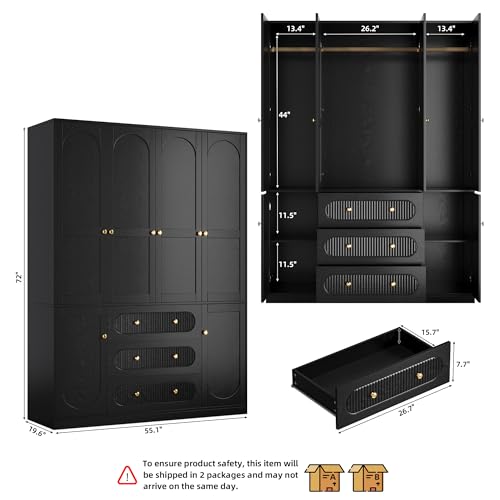 4 Doors Freestanding Armoire Wardrobe Closet, 72\" Black Wardrobe Armoire Wooden Closet Large Capacity Storage with 3 Drawers & 3 Hanging Rod Shelves Clothes Organizer