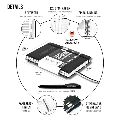 GYMWRKT Premium Trainingstagebuch Krafttraining Deutsch mit Stift - A5 - Gym Logbuch, Fitnesstagebuch zum Ausfüllen - Workout Planer, Fitness Journal für Männer & Frauen - Trainingsplaner