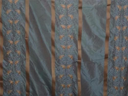 Taffetas de soie bleu et beige à rayures dorées 137 cm TAF#E14 pour haute couture - 5