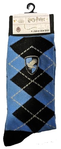 Harry Potter Embroidered House Crest Argyle Pattern Casual Crew Socks (Blue (Ravenclaw))