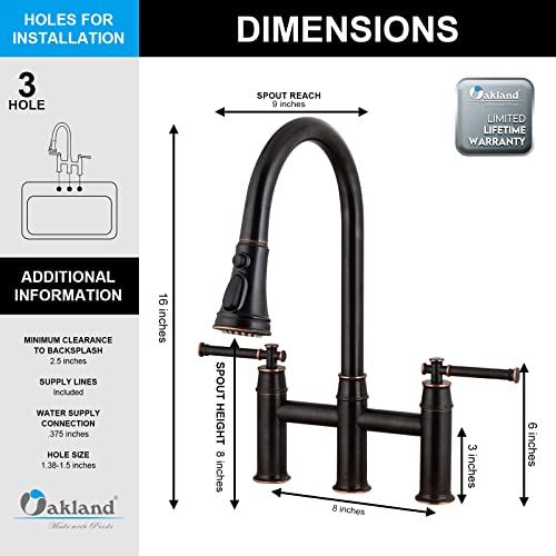 Oil Rubbed Bronze Bridge Kitchen Faucet With Pull Down Sprayer, Oakland Brass 2 Handle Kitchen Faucet 3 Hole Spot-Resistant Lead-Free, Ksk8239-Orb #TOP6