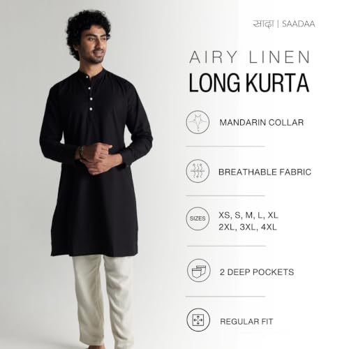 Image of SAADAA Men's Long Kurta - Linen Cotton Blend, Airy Fabric, Regular Fit, Mandarin Collar, Solid Color - Casual, Festive & Ethnic Wear