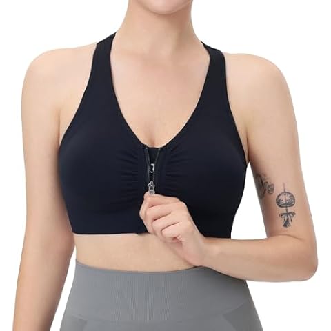 Evercute Women's Zip Front Sports Bras Wireless Padded Racerback Medium Support Post-Surgery Bra Yoga Exercise Athletic Bras Cover