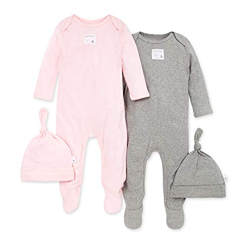 Image of Burt's Bees Baby Baby Girls' Romper Jumpsuit, 100% Organic Cotton One-Piece Coverall, Blossom/Heather Grey 2-pk, 3-6 Months