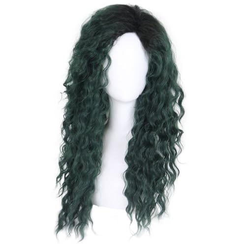 Image of GNIMEGIL Long Curly Wigs for Women Deep Emerald Green Ombre Wig with Fluffy Hairline Loose Hairstyle Synthetic Fiber Drag Queen Cosplay Halloween Costume Party