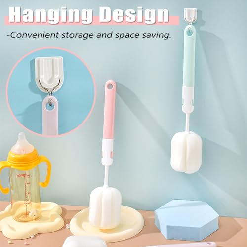 Image of INVODA Sponge Nipple Bottle 5 PCS + Replaceable Brush Heads 5 PCS Baby Bottle Brushes Long Handle Cup Scrubber Brush Portable Sponge Cleaning Brush