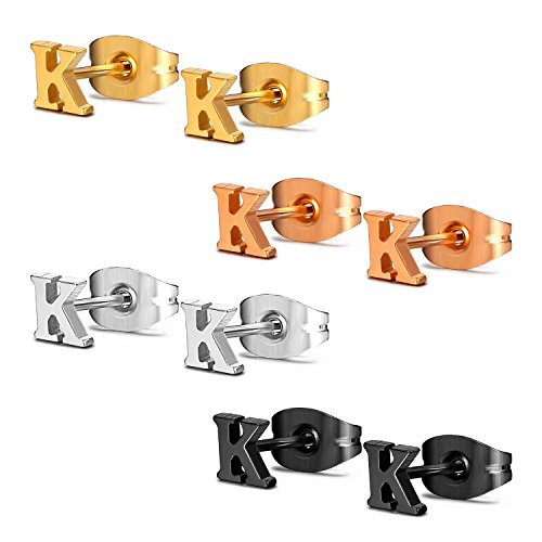 JewelrieShop Initial Letter Stud Earrings Hypoallergenic Alphabet A-Z Women Earrings for Sensitive Ears (Letter K x 4 Pairs)