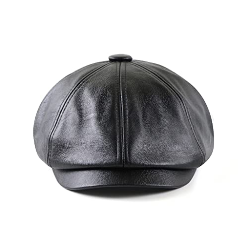 Men's Newsboy Cap Leather 8 Panel Women Beret Cabby Hat Flat Ivy Gatsby Cap, Medium Size Black #TOP1