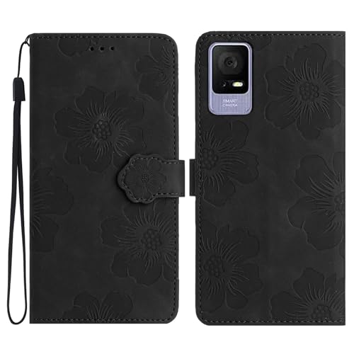 LMFULM® Hülle für TCL 405/406 / 408 (6,6 Zoll) PU Leder Magnet Brieftasche Lederhülle Handytasche Stand Ledertasche Flip Cover Prägung Groß Geblümt Schwarz
