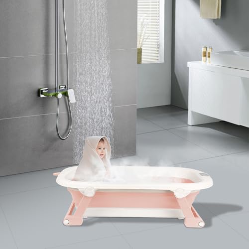 Bañera Bebé Plegable Cojín Soporte Beignoire Bebé Plegable para Baño Ducha Begnoire Niño Reductor Asiento-Temperatura sensible -Con Alfombra de baño rosa