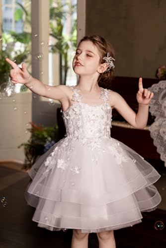 Tulle Flower Girl Dresses for Wedding Knee Length 3D Floral Appliques Pageant Dress Ball Gown with Beads3