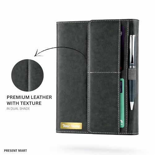 Image of FoldBook Stash Personalized Name Print A5 Notebook with Magnetic Flap Closure, 3-Fold Organizer Cover with Pockets & Pen Slot, 192 Pages 80 GSM Paper, Bookmark Ribbon, Custom Journal for Office School Gifts (OLIVE)