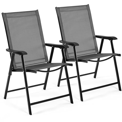 Yaheetech Conjunto de 2 Sillas Plegables para Exterior con Reposabrazos Sillas para Balcones Jardín Terraza Metal Texteline Carga 150kg 65 x 93,5 x 55,5 cm Muebles de Exterior Negro