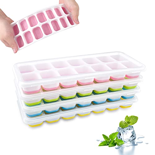 Ceisazira 4 Piezas Cubiteras para Hielo Silicona, Reutilizable Apilable Moldes para Cubitos de Hielo Sin BPA, Bandeja de Hielo con Tapa, Hielera de Fácil Extracción para Agua, Cola, Cócteles, Whisky