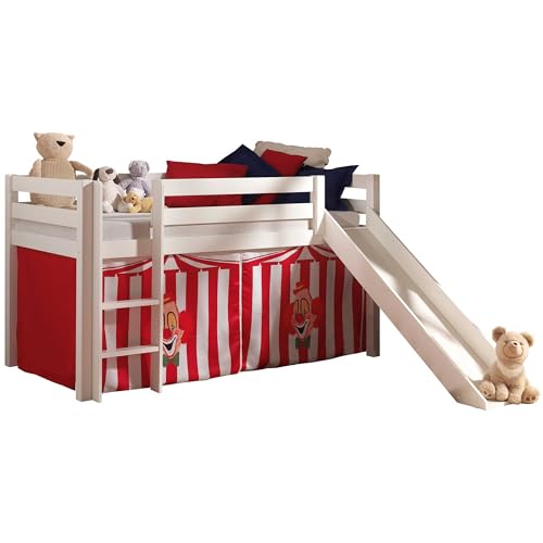 VIPACK PICOHSGB1472 Spielbett Pino mit Rutsche und Textilset Zirkus, Maße 210 x 114 x 218 cm, Liegefläche 90 x 200 cm, Kiefer massiv weiß lackiert