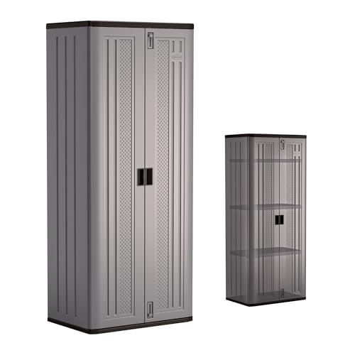 Suncast Tall Storage Cabinet, Platinum Resin Garage Storage Cabinet with Doors & Shelves, Plastic, Lockable, Freestanding Utility Closet for Tools & Supplies, Made in USA