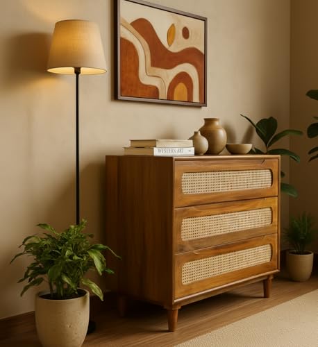 Image of Solid Wooden Atlanta Chest of Drawers | Chest of Drawer with Natural Cane /Rattan | Drawer Chest with 3 Drawers | Wooden Storage Cabinet | Mango Wood, Light Brown Finish