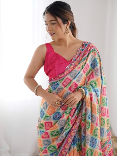 Image of Panzora Women's Chinon Printed Saree With Unstitched Blouse Piece