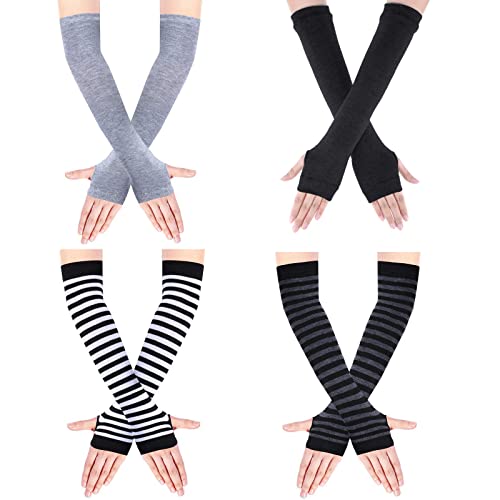 WOIRROIP 4 Paar Fingerlose Handschuhe Damen, Lange Stricken Armstulpen Handschuhe Fingerlos für Handgelenk mit Daumenloch Strickhandschuhe Warm Halb Handstulpen Unisex Fingerless Gloves Cover