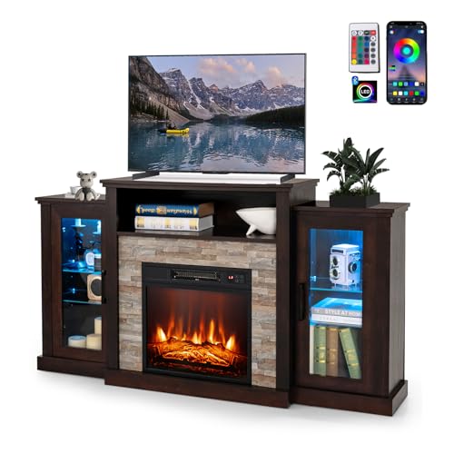 CHEFJOY Electric Fireplace TV Stand for TVs Up to 65”, Entertainment Center w/ 19” Fireplace Heater, 16-Color LED Lights, 4 Modes, APP & Remote Control, TV Console with Adjustable Shelves (Dark Brown)