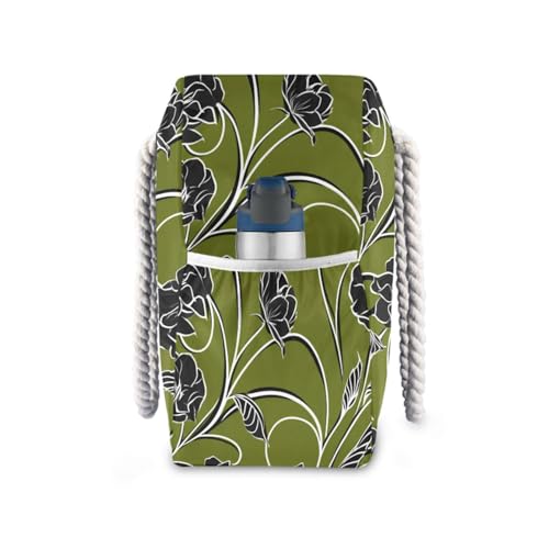 Black Lowers on Olive Green Beach Bag & Travel Tote Bag Large Sandproof with Zipper Closure, Wet Pouch for Swim Gym Travel, Lightweight Foldable Outdoor Bag3