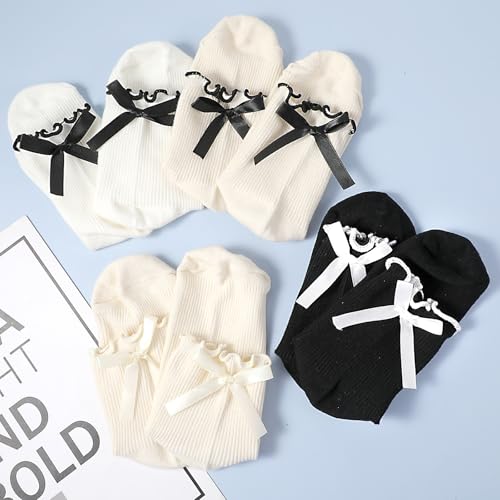 Image of DIVINA VITAE 4 Pairs Women Bow Socks Ruffle Socks Frilly with Bows Ruffle Crew for Women Black White Ruffle Ankle Sock Soft Breathable Thin Cotton Ruffle Sock Cute Fashion for Girls and Womens