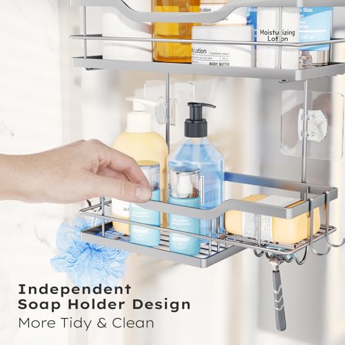 Consumest Over Door Shower Caddy - 2 Tier Shower Shelves Hanging with Soap Holders, Large Capacity Shower Organizer with 4 Hooks, Bathroom Rack and Storage, Silver by Consumest - Image 7