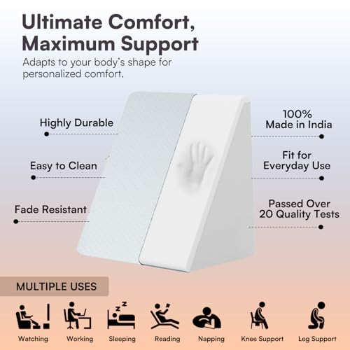 Image of Memory Foam Orthopedic Wedge Pillow for Back, Neck, Leg Support, Pregnancy, GERD, Acid Reflux, Snoring & Post-Surgery Relief - Soft Washable Cover - White & Grey (46 x 52 x 46 CM)