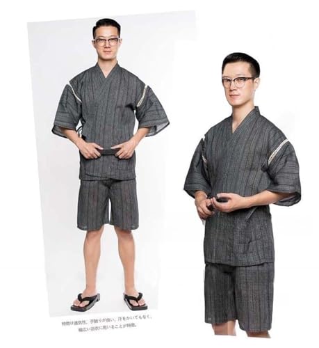 ZEALMAX Men's Japanese Style Kimono Pajamas, Cotton Linen Top and Shorts Suit, Loungewear Beach Wear Spa Bathrobe for Summer Autumn Multicolor3