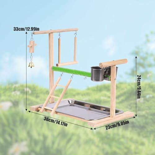 Image of Bird Playground, Natural Wood Bird Perch Stand with Removable Tray and 2 Stainless Steel Feeder Cups, Parrot Playstand Bird Cage Toys for Conure Parakeet Cockatiel Parrot (C)