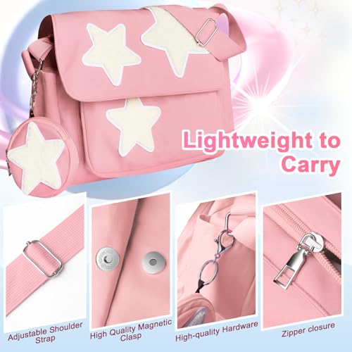 Image of Y2K Messenger Bag for Women, Lightweight Spacious Stars Tote Purse with Cute Coin Purse, Crossbody Shoulder Bag