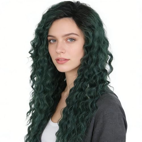 Image of GNIMEGIL Long Curly Wigs for Women Deep Emerald Green Ombre Wig with Fluffy Hairline Loose Hairstyle Synthetic Fiber Drag Queen Cosplay Halloween Costume Party