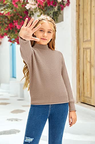 Thefabland Girl's Long Sleeve Sweater Mock Neck Fall Soft Knit Pullover Jumper Tops Beige #TOP2