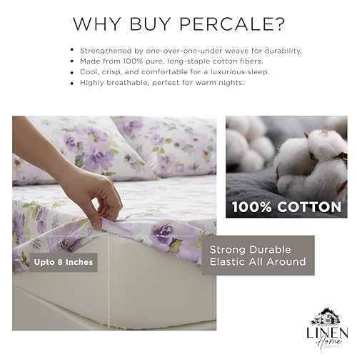 Image of Linen Home Cotton Percale Fitted Bedsheet Set Queen Size Floral Purple