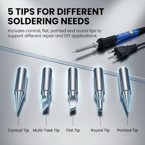 Image of 60W Adjustable Temperature Soldering Iron Kit Set with 5 Tips (Conical, Flat, Pointed, Round Tip) | 220V Original Rework Station Tool for PCB, DIY & Electronic Repair (Blue)