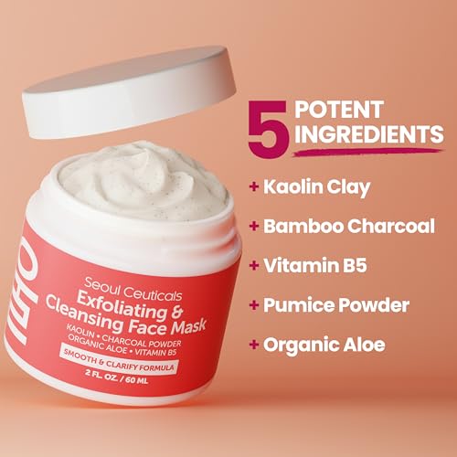 Image of SeoulCeuticals Korean Face Scrub - Exfoliating Face Mask Skincare K Beauty Mask for Glass Skin - Kaolin Clay + Charcoal Cream Exfoliant Mask 2oz