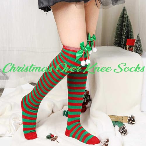 Image of Christmas Party Over Knee Socks Thigh High Stockings Leg Bow Hairball Thigh High Long Stockings for Women and Girls