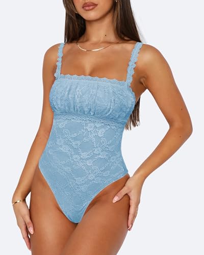 Saslax Women's Sexy Square Neck Lace Sleeveless Bodysuit Tank Tops Double Lined Body Suit Thong Outfits