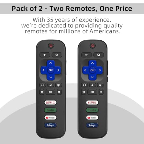 Image of (Pack of 2) Replacement Remote Control for Roku TVs, Compatible with TCL Roku /Hisense Roku /Onn Roku /Roku Built-in Smart TVs. (Not Compatible with Roku Sticks or Box). 1 Year Warranty.