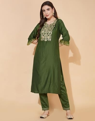 SKYLEE Women's Silk Blend Embroidery Straight Kurta with Pant & Dupatta - Image 4