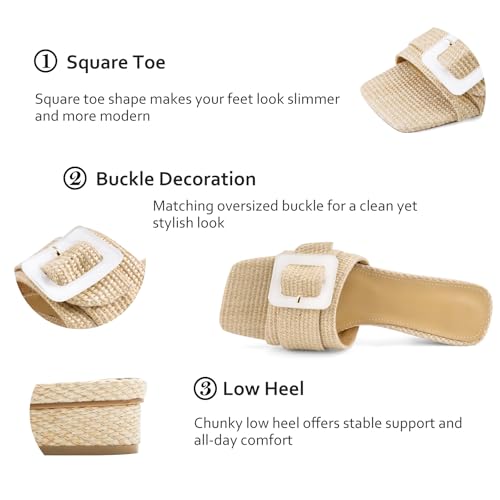 Image of Women's Slide Heeled Sandals Opened Square Toe Chunky Block Heel Slippers with Buckle Slip on Casual Comfortable Pumps