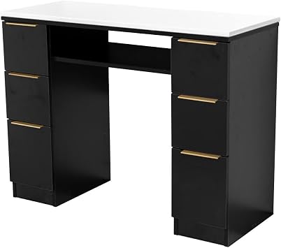 Pibbs PB1045 Martino Manicure Table - 6 Spacious Drawers with Brushed Gold Metal Handles, Durable White Marble Stone Top, Open Shelf Storage, Black Wood Finish, PIB-PB1045-WHT-GLD Pulls