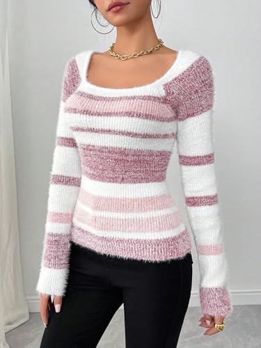 Women's Off Shoulder Striped Knit Scoop Neck Sweater Color Block Pullover Long Sleeve Cute Trendy Cozy Sweaters3