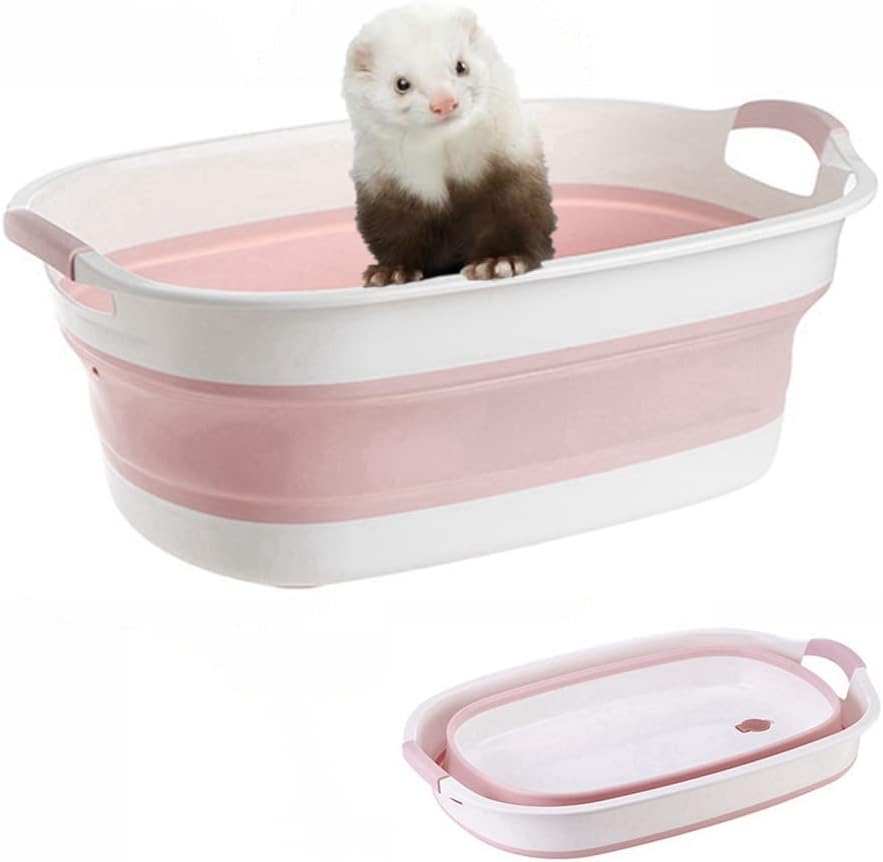 Foldable Ferret Bathtub with Drainage Hole - Plastic Collapsible Small Animal Swimming Pool Multifunctional Portable Folding Washing Tub for Ferret Guinea Pig Bearded Dragon Kitten Puppy (Pink)