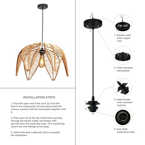 Image of Habere India-All the Cultures Fabricating India Ceiling Lamps for Living Room | Rattan Cane Hanging Lamp | Hanging Lights for Bedroom | Rattan Pendant Lights for Dining Room (D31 x H60 cm)