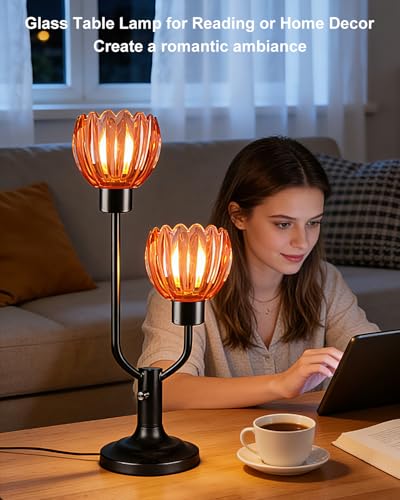 Image of Lightdot Mid Century Modern Flower Table Lamp for Living Room Pink Dimmable | Nightstand Lamp Glass Vintage Black Desk Lamp 2 Bulbs Included Warmwhite Ambient Bedside Lamps for Bedroom Home Decor Gift
