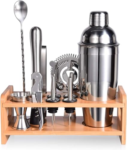 Esmula Cocktailset van 750 ml met bamboestandaard, 12-delige cocktailshakerset voor gemengde dranken, professionele roestvrijstalen barman, bargereedschapset, cocktailreceptenboekje (zilver)
