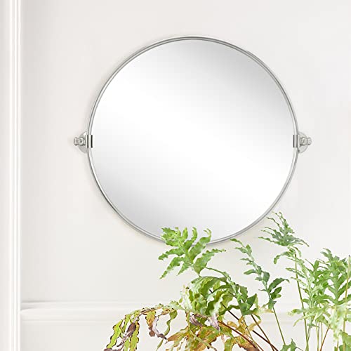 Image of Round Pivot Bathroom Mirror Brushed Nickel Circle Metal Framed Tilting Vanity Mirrors for Wall, Overall 27.98 x 24 inches (Mirrror 24 x 24 inches)