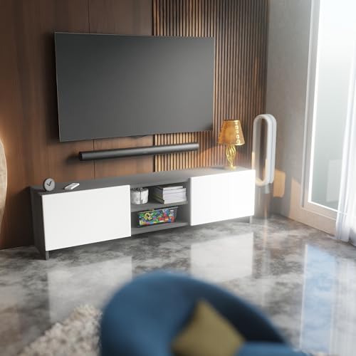 Image of Modern Living Room TV Stand with Open Display Compartment, Dual Side Storage Units, and Clean Contemporary Design for Home Decor | Assembly-DIY | Color-Grey & White